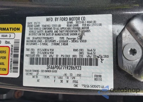 2015 Ford Fusion S z USA, uszkodzony, nr VIN 3FA6P0G77FR286923